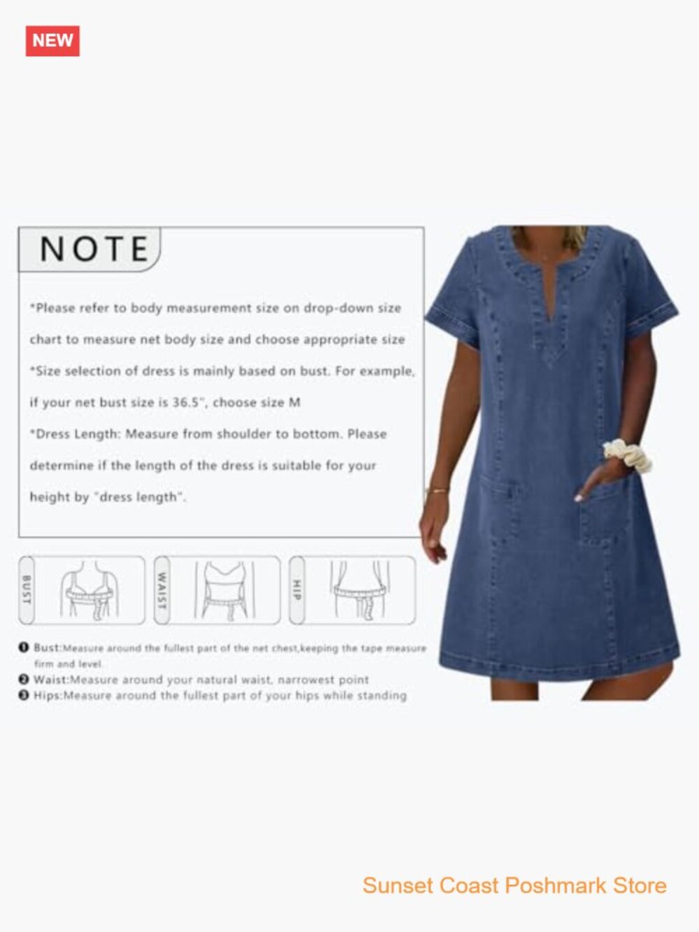 Women's Denim Shift Dress Short Sleeve V-Neck Babydoll Casual Summer Jean Dress - Picture 6 of 7